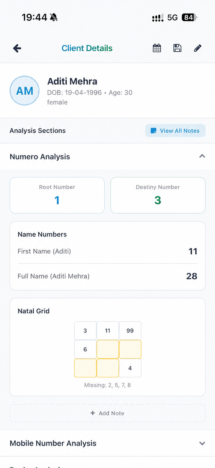 Client details screen showing numerology calculations and a natal grid for a fictional demo profile